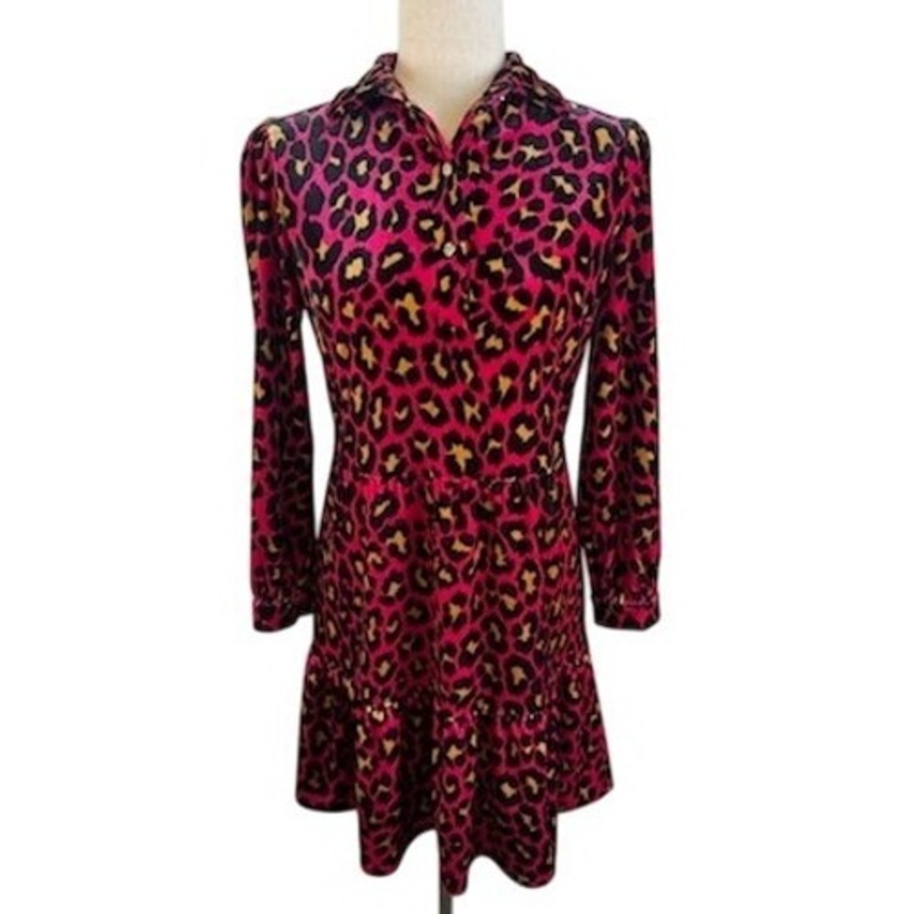 Jude‎ Connally Dress Women's Size XS Pink Leopard Velvet Long Sleeve Tiered